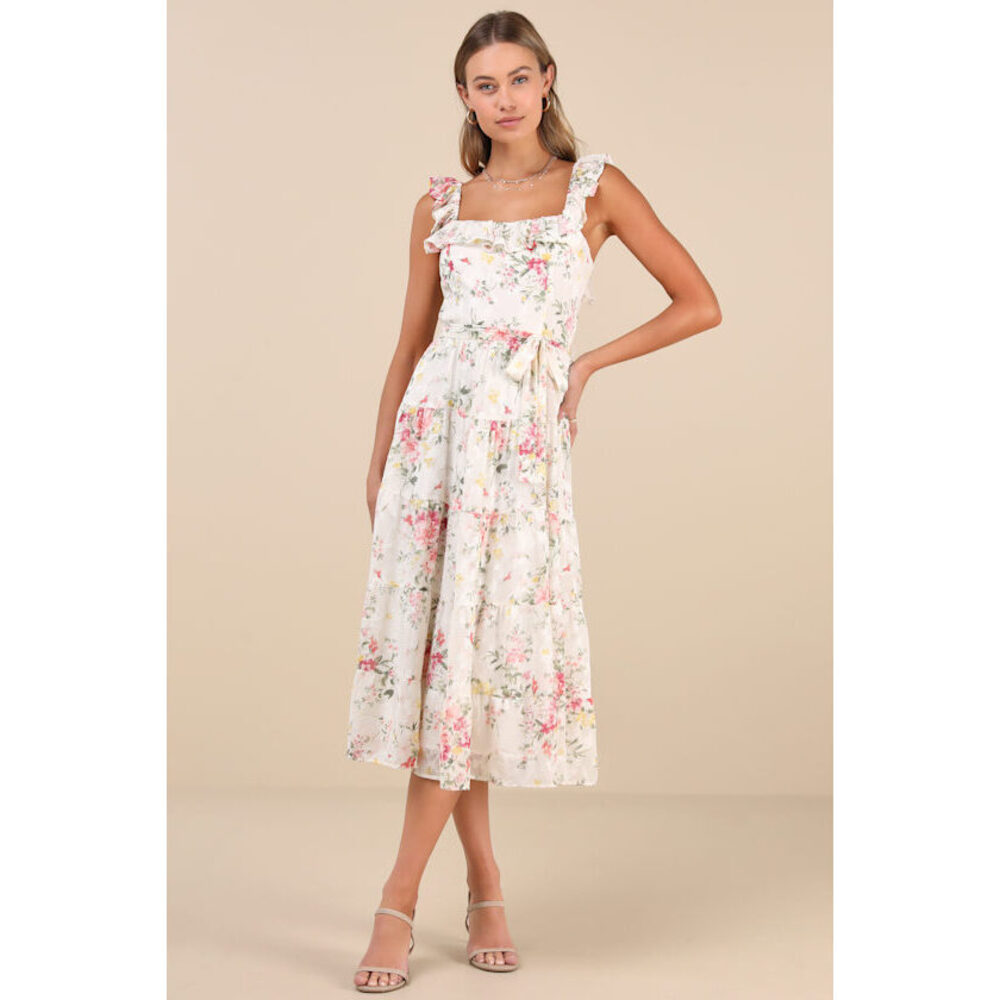 Lulus Shela Ivory Floral Jacquard Tiered Midi Dress White - Size L